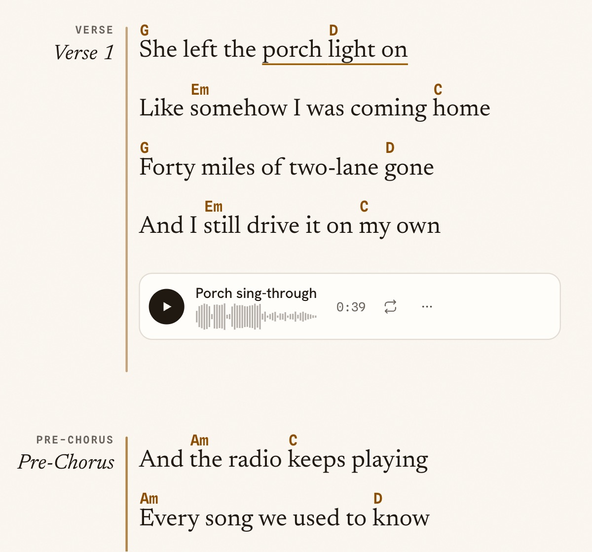 Verse one of a song in Sonetta Studio, with the chords G, D, Em and C above their words and a recording of the verse under it.