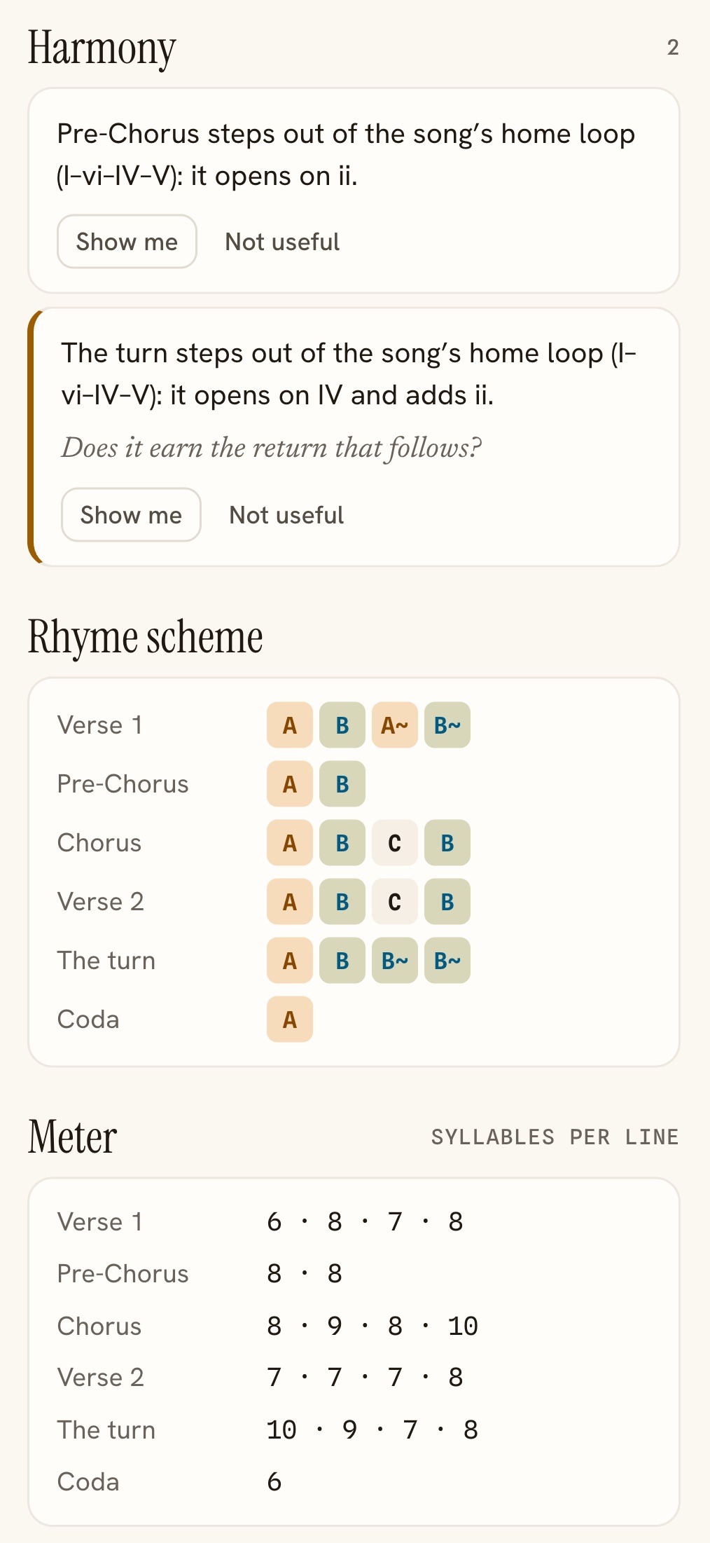 Sonetta Studio’s Review panel beside a song, showing the rhyme scheme as letters and the syllables in each line.