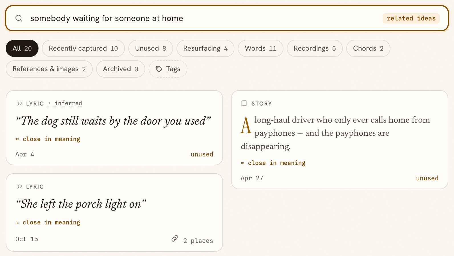 Search results in Sonetta Studio’s Ideas, with each card found by meaning marked “close in meaning” and the filters under the search box.
