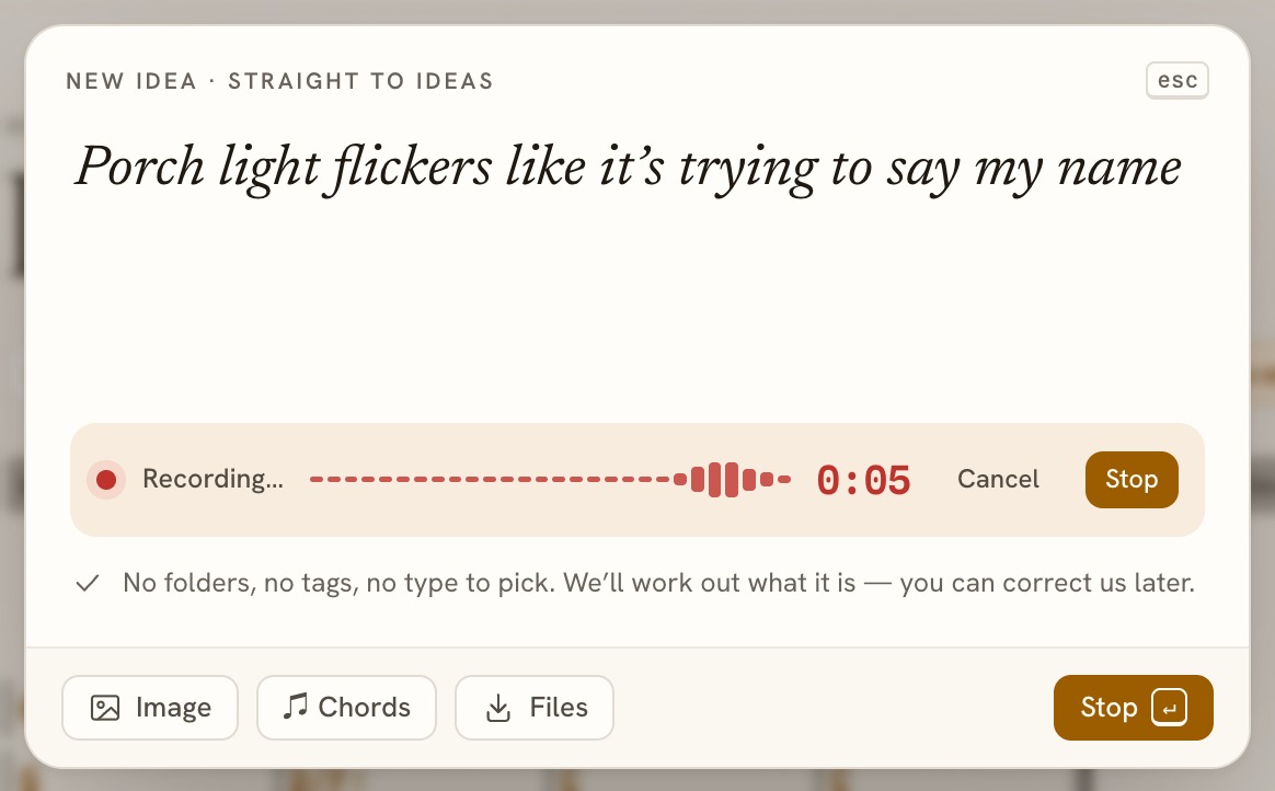 Sonetta Studio’s New Idea window with the typed line “Porch light flickers like it’s trying to say my name” and a five-second voice memo recorded under it.