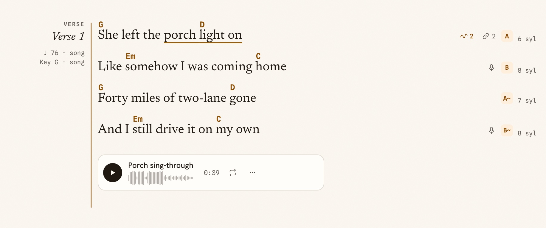 Verse one of a song in Sonetta Studio with a rhyme letter and a syllable count beside each line.