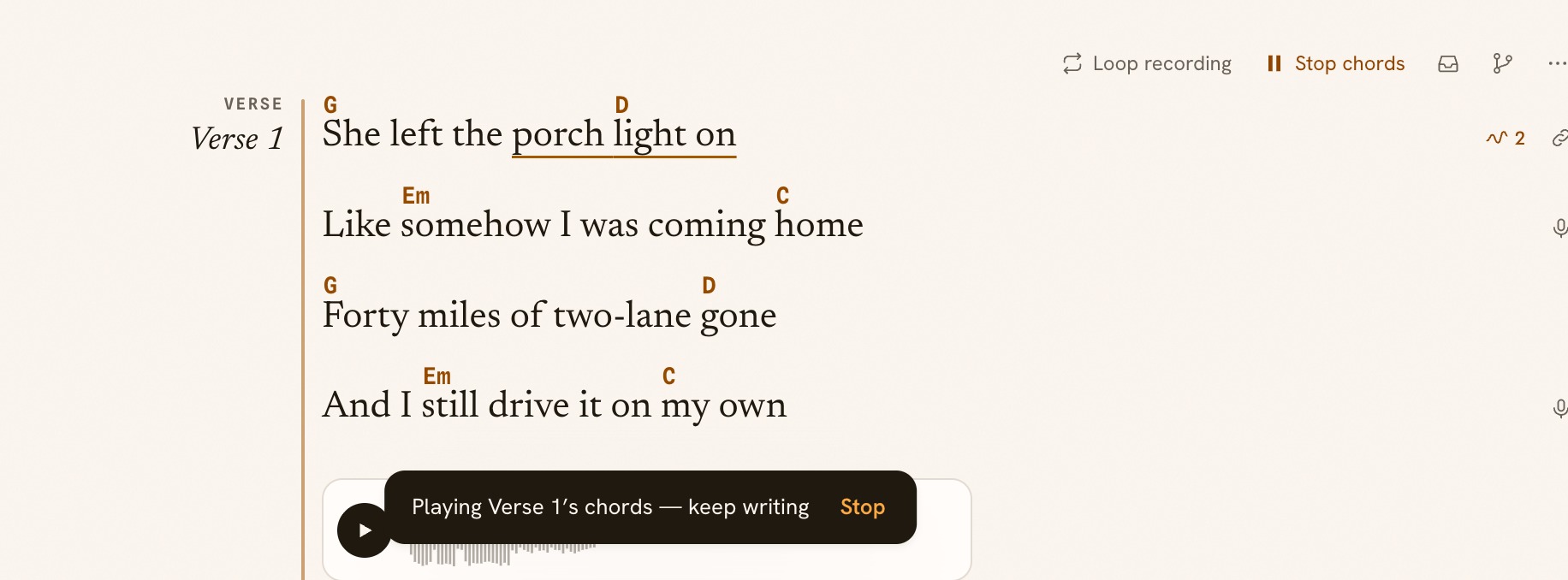 Verse one playing its chords round: its Stop chords control and the notice “Playing Verse 1’s chords — keep writing”.